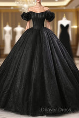 Black Off Shoulder Tulle Lace-Up Sweet 16 Dresses, Black Long Party Dresses Prom Dresses