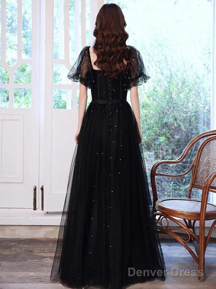 Black Off Shoulder Tulle Long Party Dress, Black A-Line Long Prom Dress Secondary image