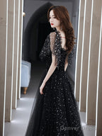 Black Off Shoulder Tulle Long Prom Dress, A-Line Black Shiny Tulle Formal Dress