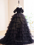 Black Off Shoulder Tulle Long Prom Dresses, Black Formal Evening Dresses