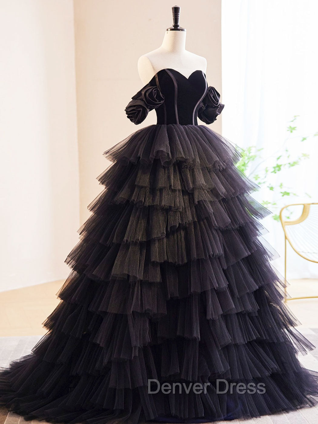 Black Off Shoulder Tulle Long Prom Dresses, Black Formal Evening Dresses