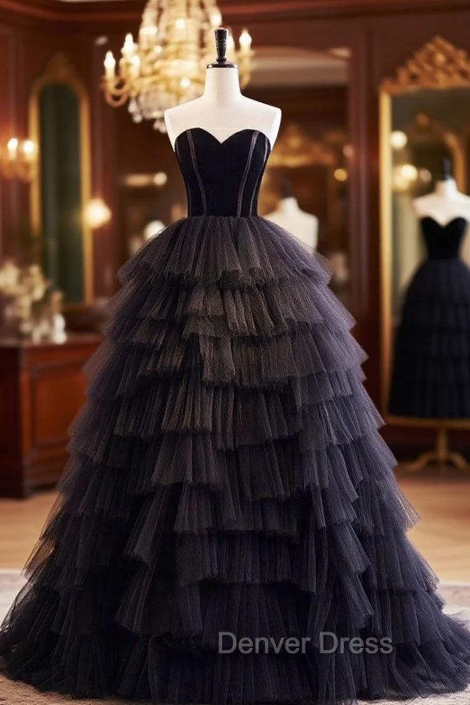 Black Off Shoulder Tulle Long Prom Dress, Black Prom Dresses