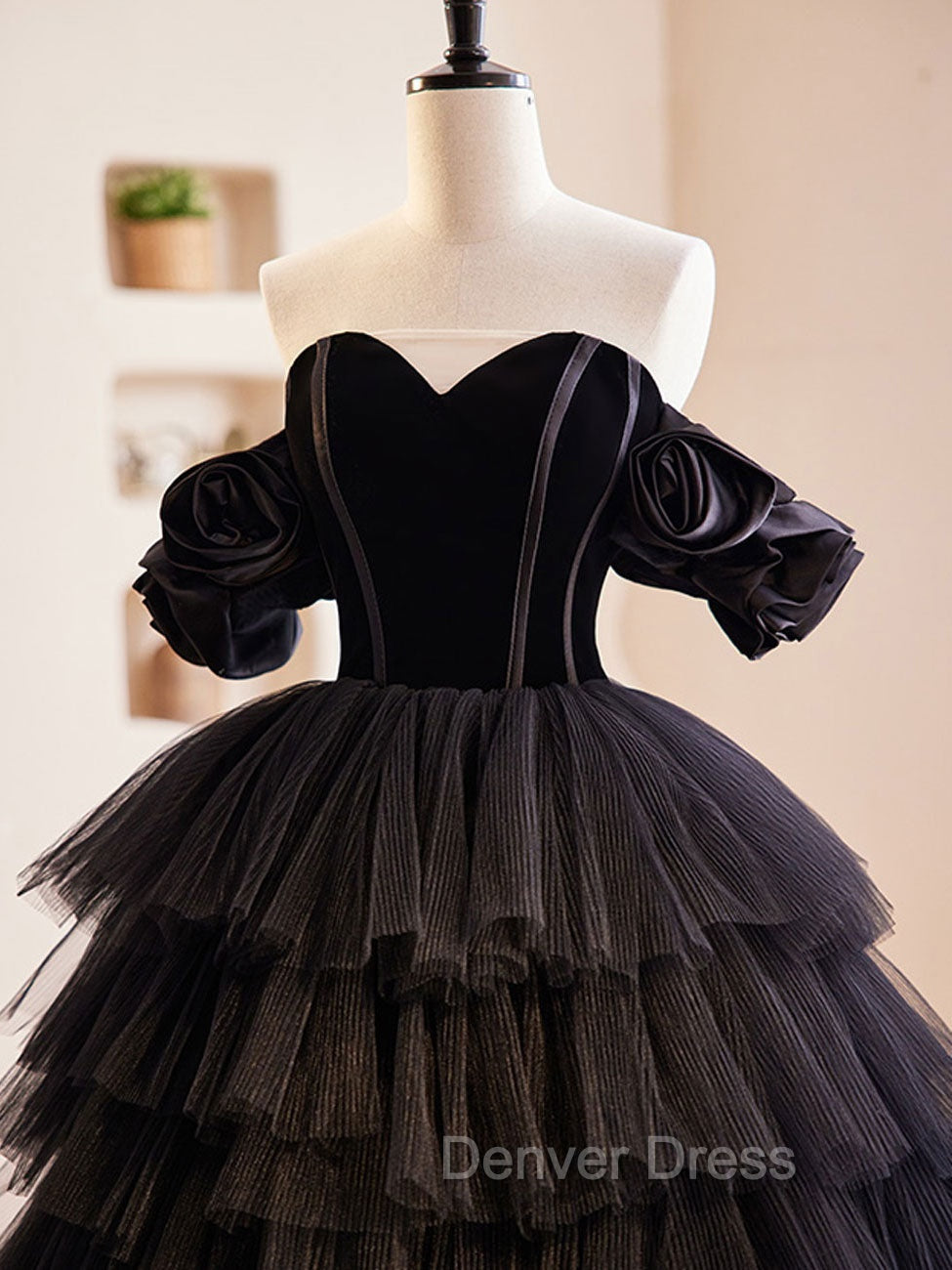 Black Off Shoulder Tulle Long Prom Dresses, Black Formal Evening Dresses