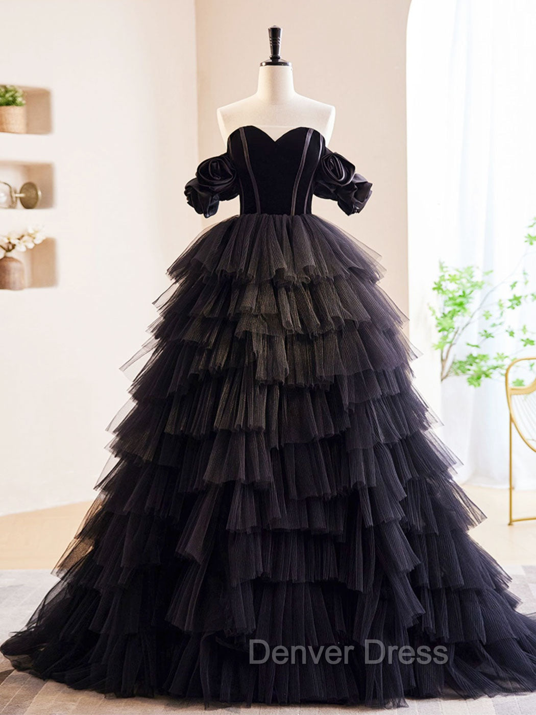 Black Off Shoulder Tulle Long Prom Dresses, Black Formal Evening Dresses Main image