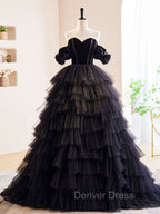 Black Off Shoulder Tulle Long Prom Dress, Black Prom Dresses