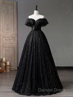Black Off Shoulder Tulle Long Prom Dresses, Black Formal Evening Dresses
