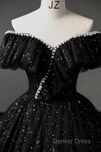Black Off Shoulder Tulle Long Prom Dresses, Black Formal Evening Dresses