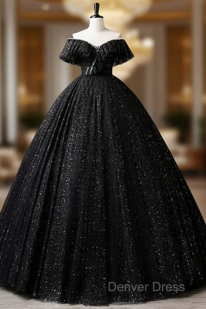 Black Off Shoulder Tulle Long Prom Dresses, Black Formal Evening Dresses Main image