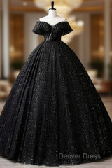 Black Off Shoulder Tulle Long Prom Dresses, Black Formal Evening Dresses