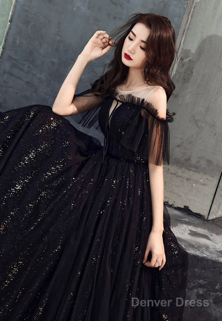 Black Off Shoulder Tulle Party Dress, A-Line Black Formal Dress Prom Dress Secondary image