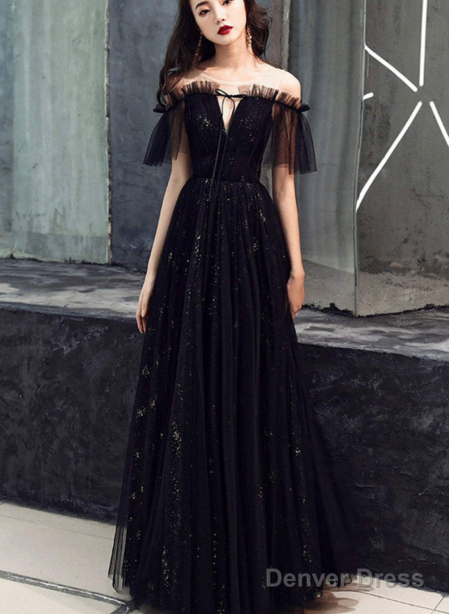 Black Off Shoulder Tulle Party Dress, A-Line Black Formal Dress Prom Dress Main image