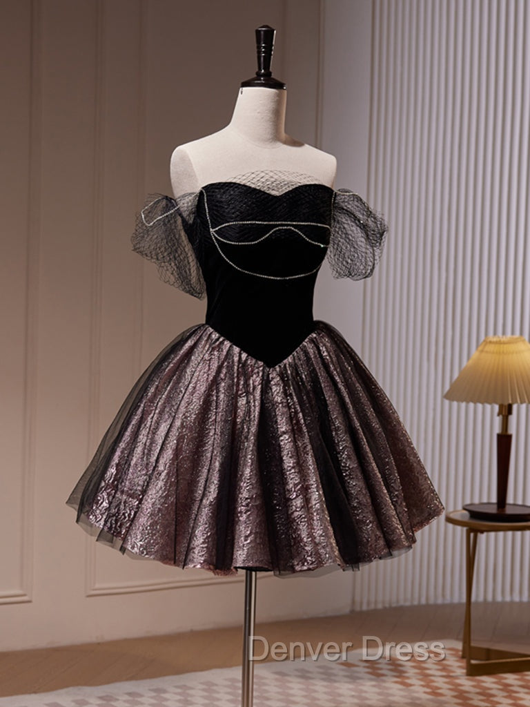 Black Off Shoulder Tulle Short Prom Dresses, Black Homecoming Dresses Secondary image