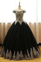 Black Off Shoulder Tulle Sweet 16 Gowns With Gold Applique, Charming Evening Gowns