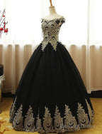 Black Off Shoulder Tulle Sweet 16 Gown With Gold Applique, Charming Prom Gown