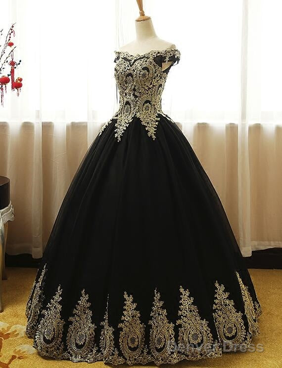 Black Off Shoulder Tulle Sweet 16 Gown With Gold Applique, Charming Prom Gown