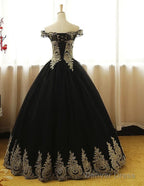 Black Off Shoulder Tulle Sweet 16 Gown With Gold Applique, Charming Prom Gown