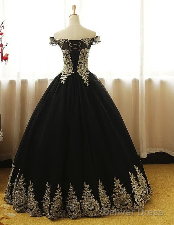 Black Off Shoulder Tulle Sweet 16 Gown With Gold Applique, Charming Prom Gown