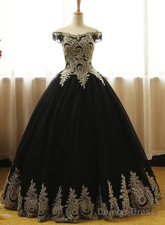 Black Off Shoulder Tulle Sweet 16 Gown With Gold Applique, Charming Prom Gown