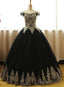Black Off Shoulder Tulle Sweet 16 Gown With Gold Applique, Charming Prom Gown