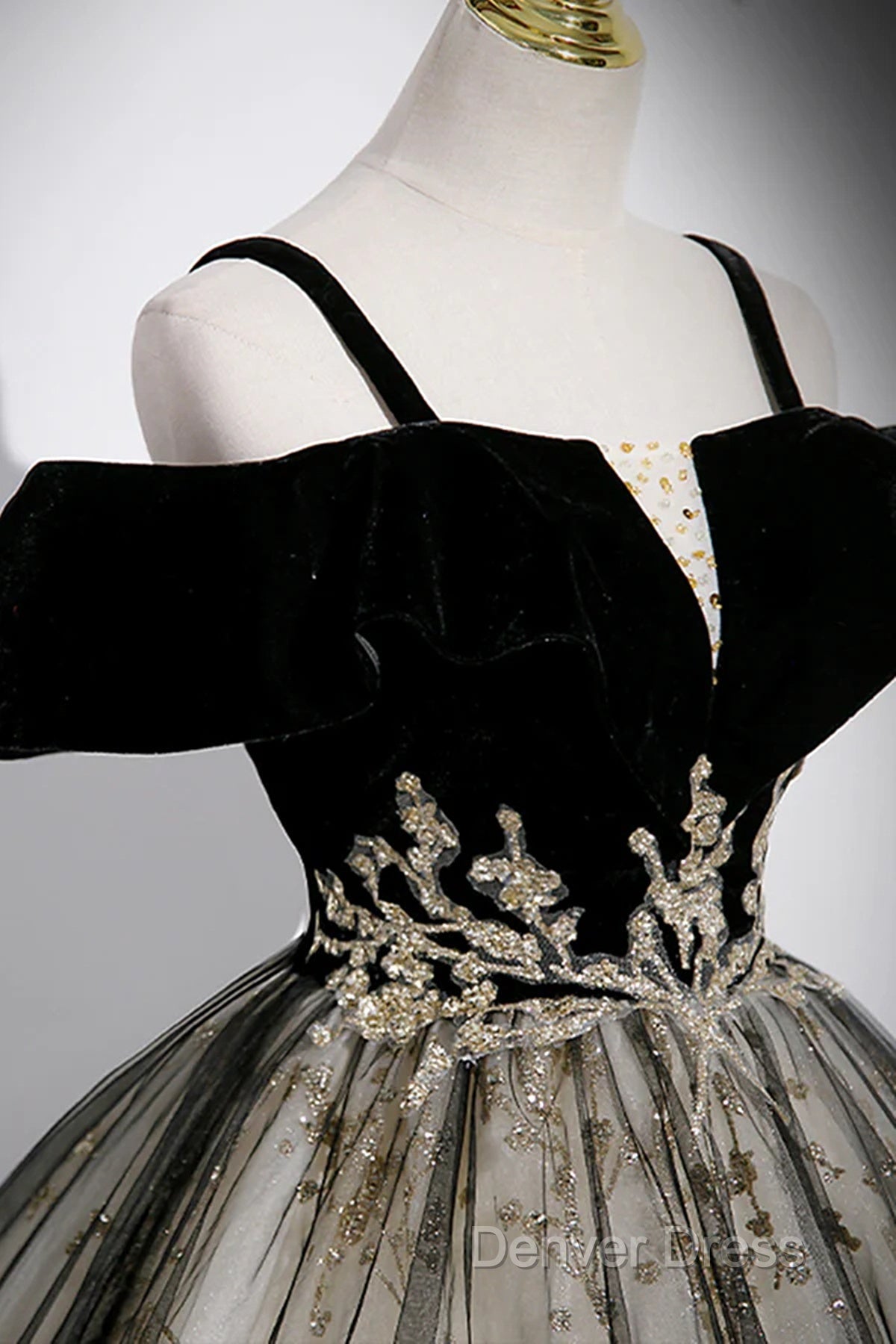 Black Off Shoulder Tulle With Lace Long Prom Dress, Black Sweet 16 Dresses Secondary image