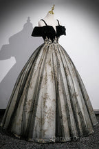 Black Off Shoulder Tulle With Lace Long Formal Dresses, Black Sweet 16 Dresses