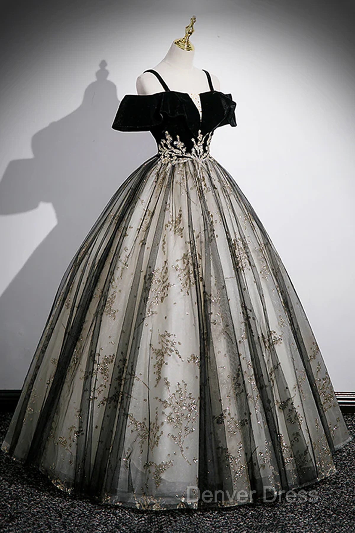 Black Off Shoulder Tulle With Lace Long Formal Dresses, Black Sweet 16 Dresses