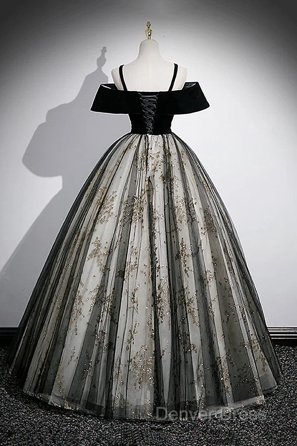 Black Off Shoulder Tulle With Lace Long Formal Dresses, Black Sweet 16 Dresses