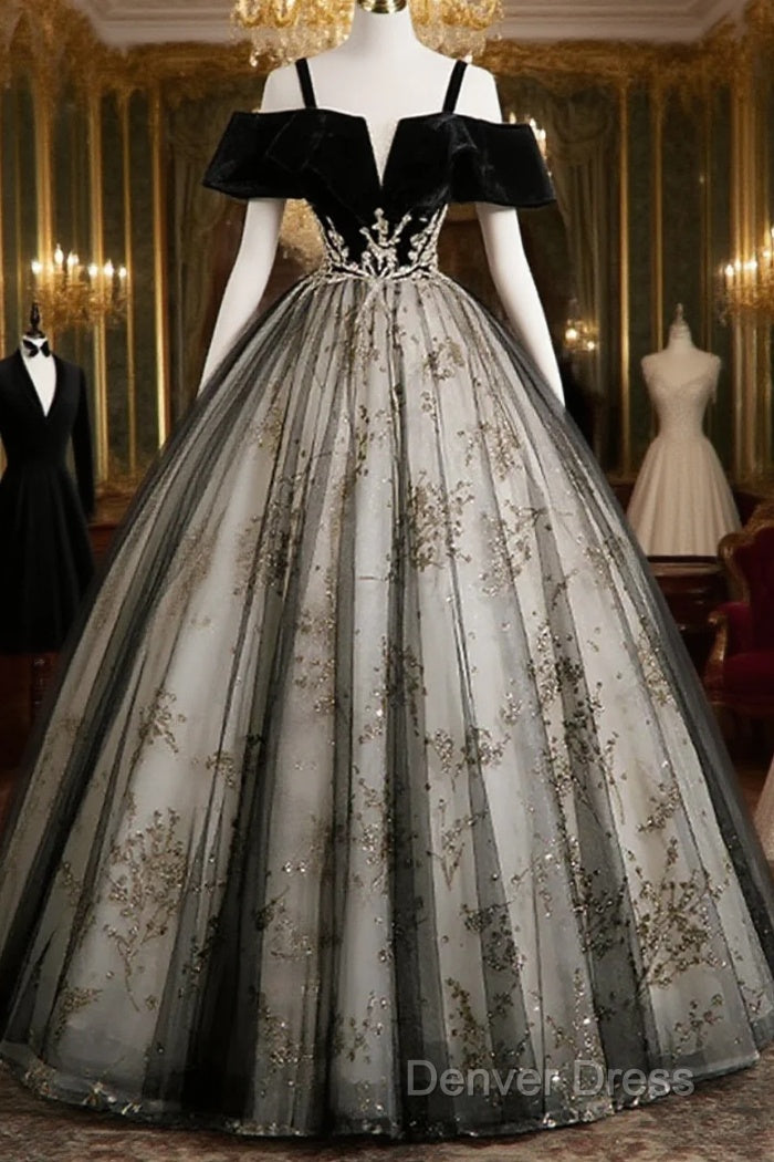 Black Off Shoulder Tulle With Lace Long Formal Dresses, Black Sweet 16 Dresses