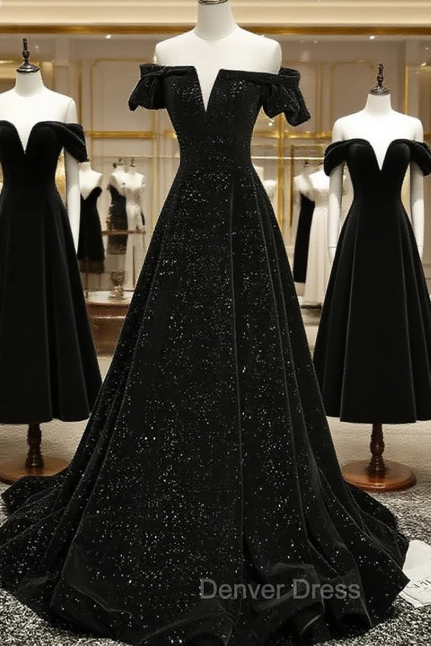 Black Off Shoulder Velvet Long Party Dresses Prom Dresses, Black Simple Evening Dresses