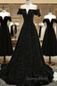 Black Off Shoulder Velvet Long Party Dresses Prom Dresses, Black Simple Evening Dresses