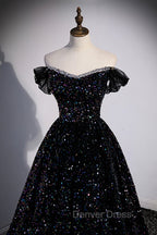 Black Off the Shoulder Beaded Long Formal Dresses, Black Shiny Sequins Evening Dresses