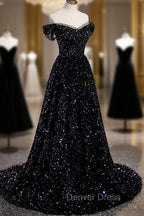 Black Off the Shoulder Beaded Long Formal Dresses, Black Shiny Sequins Evening Dresses