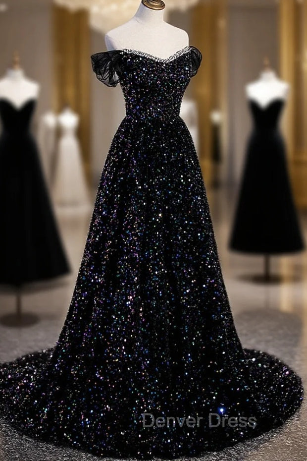 Black Off the Shoulder Beaded Long Formal Dresses, Black Shiny Sequins Evening Dresses