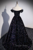 Black Off the Shoulder Beaded Long Formal Dresses, Black Shiny Sequins Evening Dresses