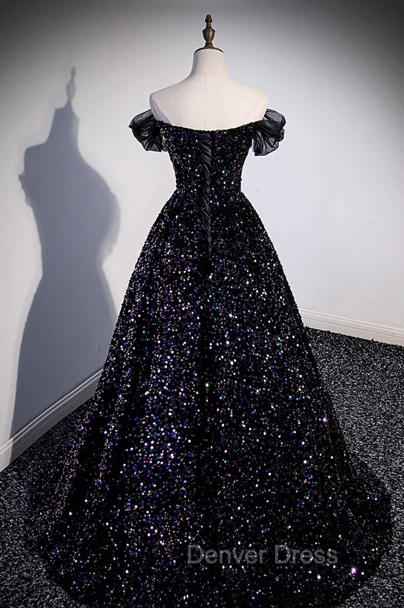 Black Off the Shoulder Beaded Long Formal Dresses, Black Shiny Sequins Evening Dresses