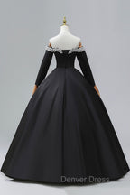 Black Off the Shoulder Pearls Long Sleeve Prom Dresses, A-Line Evening Party Dresses with Slit