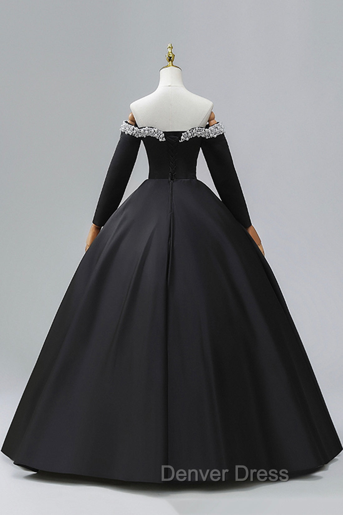 Black Off the Shoulder Pearls Long Sleeve Prom Dresses, A-Line Evening Party Dresses with Slit
