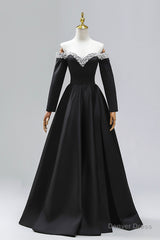 Black Off the Shoulder Pearls Long Sleeve Prom Dress, A-Line Evening Party Dress with Slit