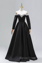 Black Off the Shoulder Pearls Long Sleeve Prom Dress, A Line Prom Dresses with Slit