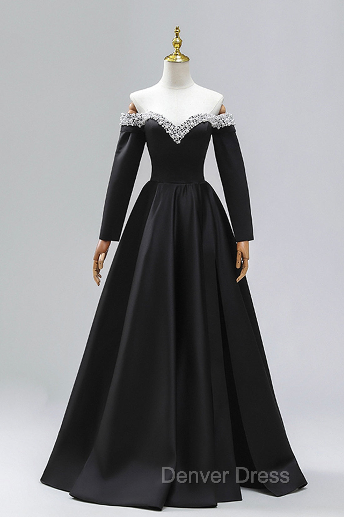 Black Off the Shoulder Pearls Long Sleeve Prom Dress, A Line Prom Dresses with Slit