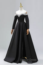 Black Off the Shoulder Pearls Long Sleeve Prom Dresses, A-Line Evening Party Dresses with Slit
