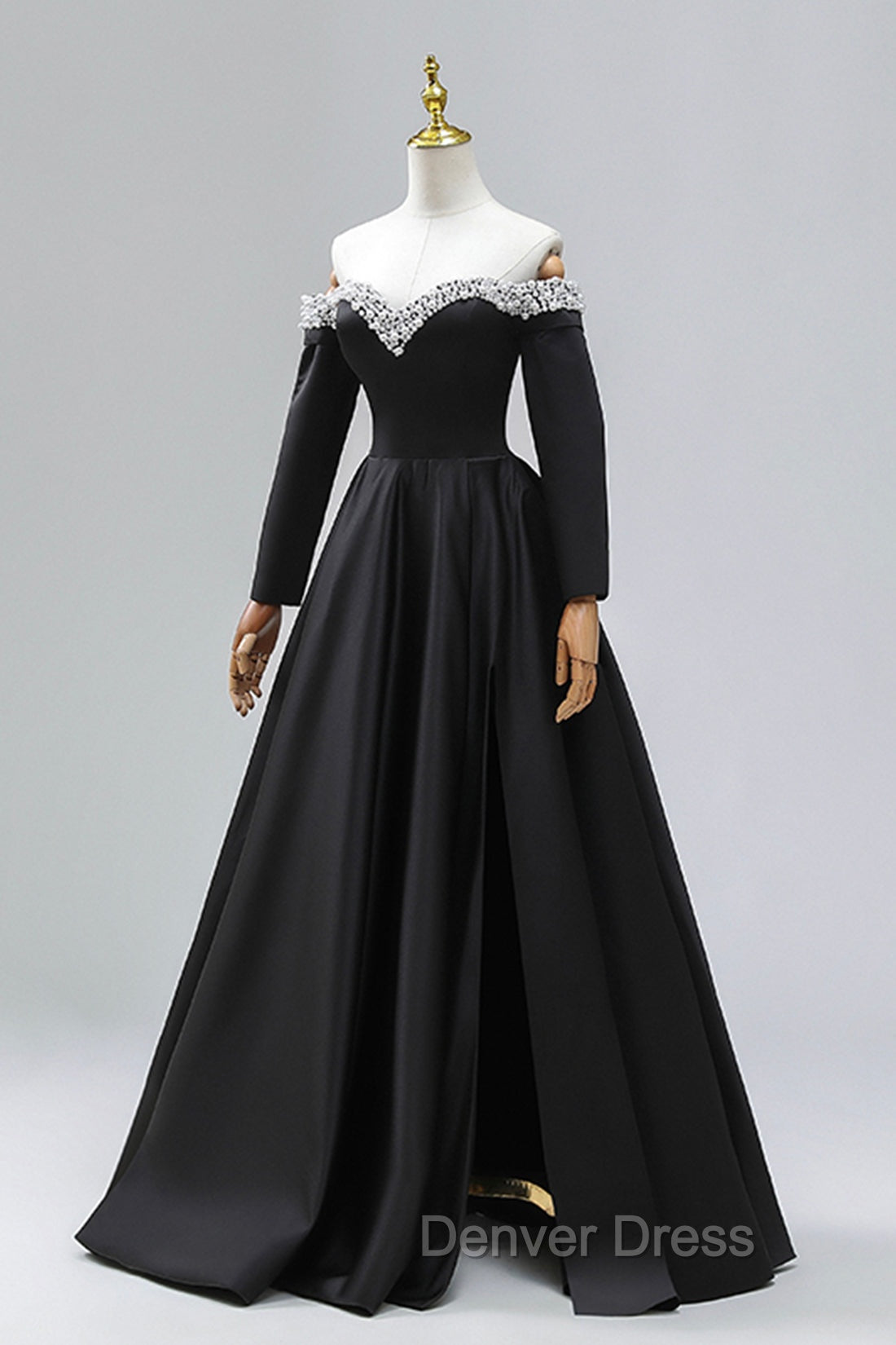 Black Off the Shoulder Pearls Long Sleeve Prom Dresses, A-Line Evening Party Dresses with Slit