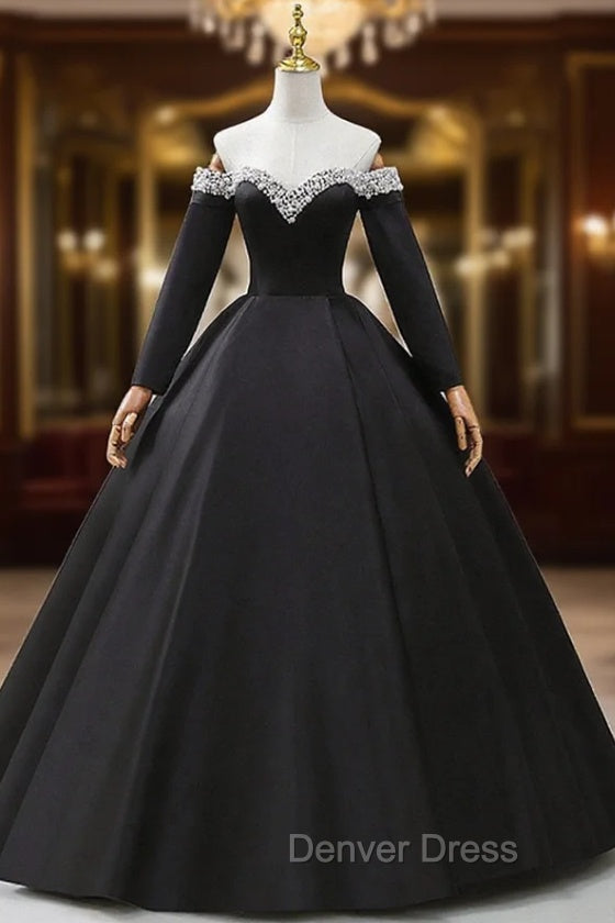 Black Off the Shoulder Pearls Long Sleeve Prom Dresses, A-Line Evening Party Dresses with Slit Main image