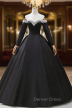 Black Off the Shoulder Pearls Long Sleeve Prom Dresses, A-Line Evening Party Dresses with Slit