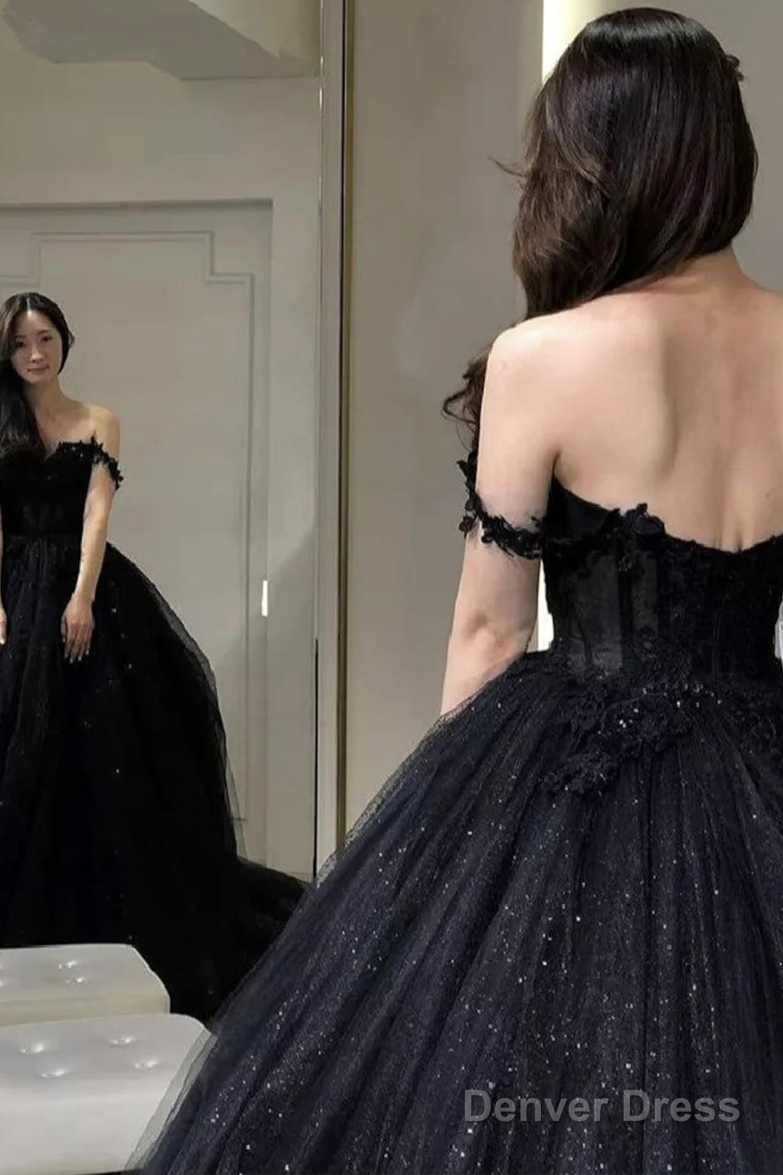 Black Off The Shoulder Tulle Lace Princess Dress, Shiny Tulle Floor Length Evening Party Dress Secondary image