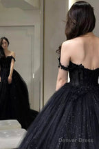 Black Off The Shoulder Tulle Lace Princess Dress, Shiny Tulle Floor Length Prom Dresses