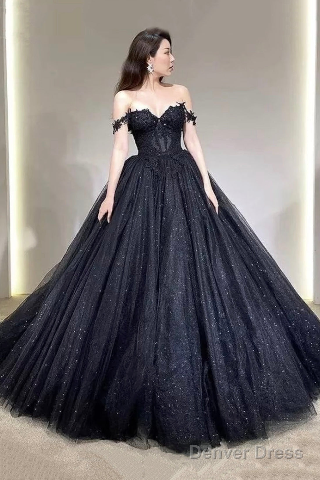 Black Off The Shoulder Tulle Lace Princess Dress, Shiny Tulle Floor Length Prom Dresses Main image
