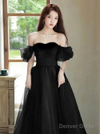 Black Off The Shoulder Velvet And Tulle Long Prom Dress, A-Line Black Evening Dress