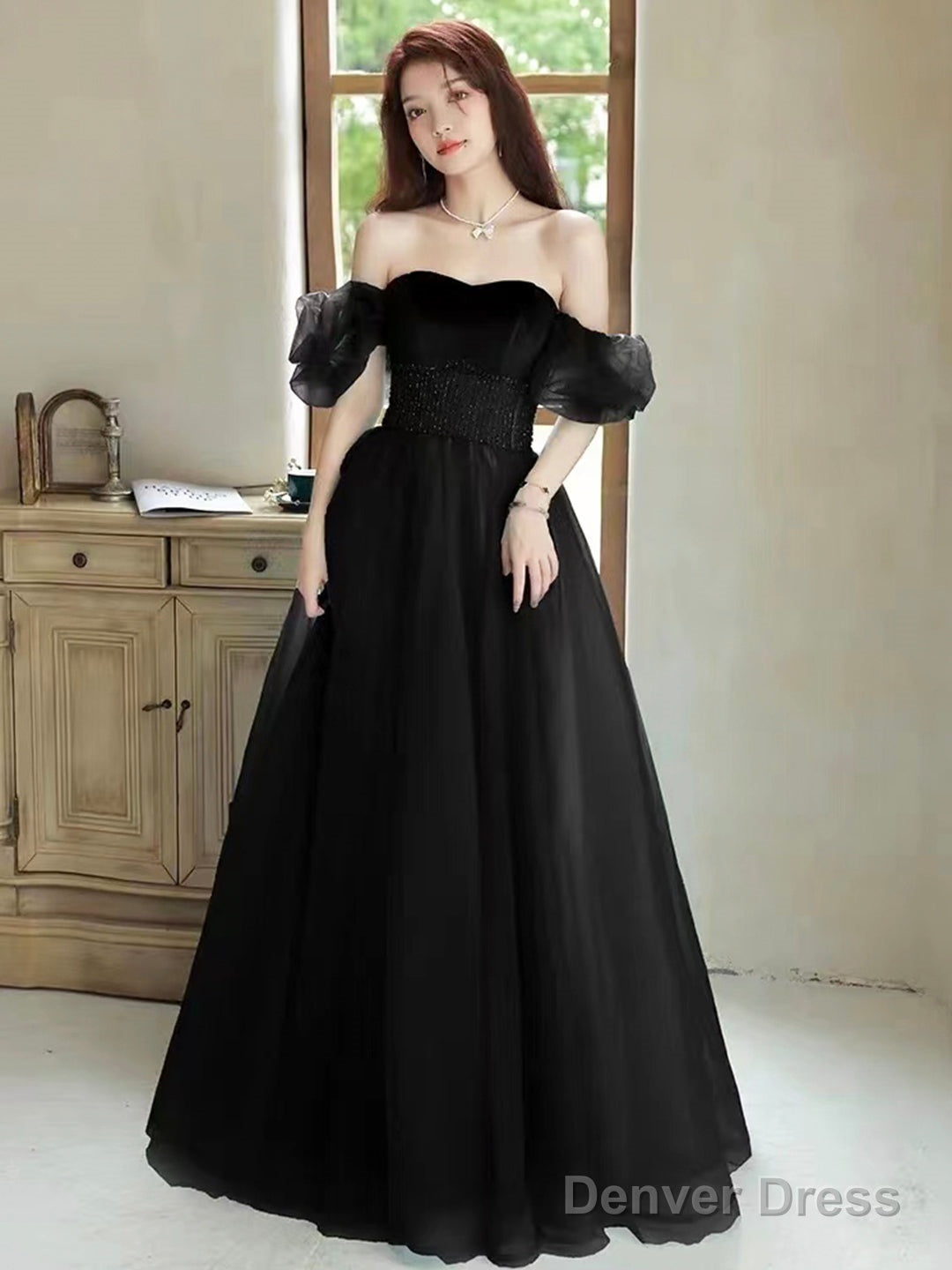 Black Off The Shoulder Velvet And Tulle Long Prom Dress, A-Line Black Evening Dress Main image