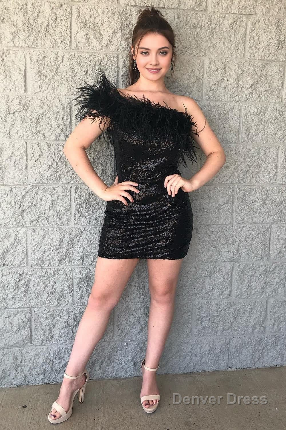 Black One Shoulder Sequins Short Homecoming Dress with Feathers Main image